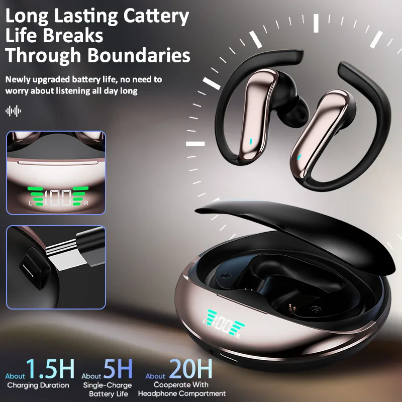 Kabellose Bluetooth-Ohrhörer mit Ohrbügel, In-Ear BT5.4, Tiefer Bass, Stereo-Sportkopfhörer für iPhone & Android, Laufen, Workout, Fitness, Schwarz Image