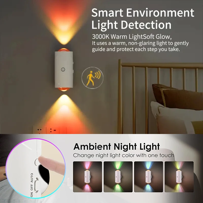 2-Kopf-Magnet-LED-Wandleuchte, Bewegungsmelder, Ambiente-Nachtlichter, USB wiederaufladbar, magnetisch, dimmbar, für Flur, Schlafzimmer, Dekoration