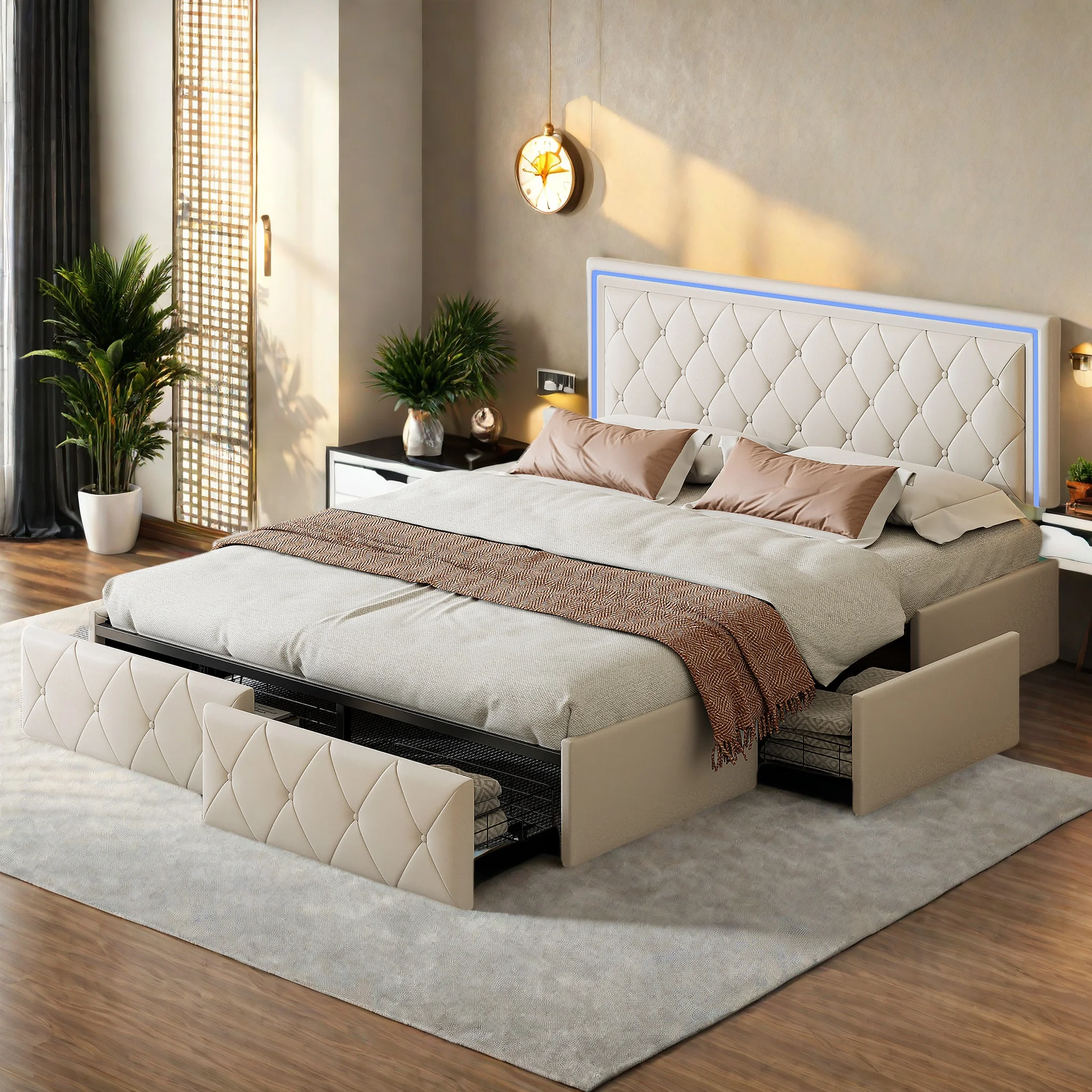 Bettgestell, gepolstertes Bett 140 x 200 cm mit LED-Beleuchtung und 2 USB-Anschlüssen, Doppelbett mit 4 Schubladen, Kopfteil und Lattenrost, beige Image