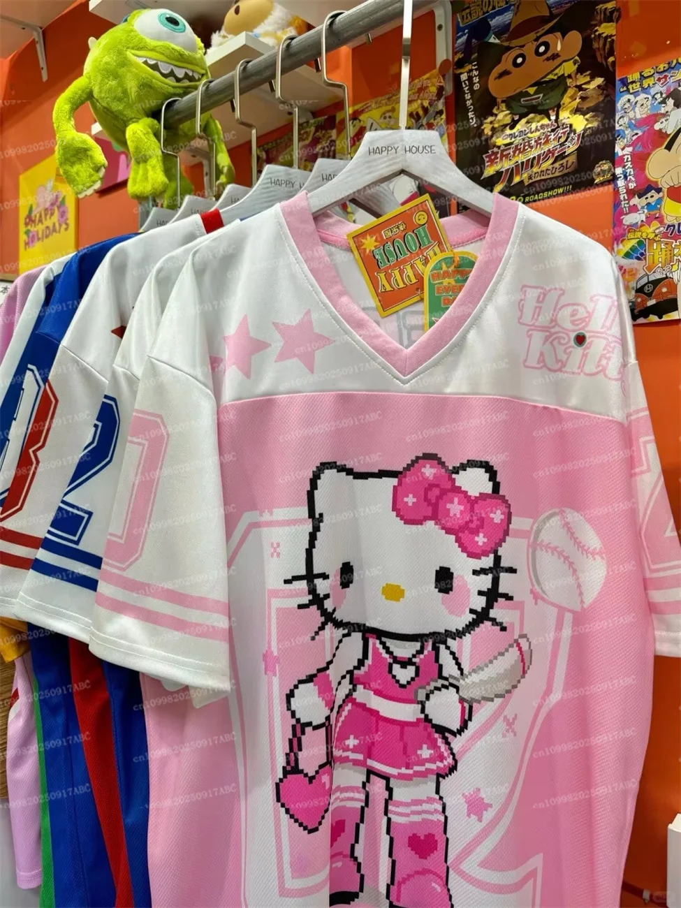 Kinder-T-Shirt, Sanrio Hello Kitty T-Shirt, Cartoon-Sportbekleidung, Damen und Herren, V-Ausschnitt, locker, leicht, atmungsaktiv, Streetwear, Strand-Tops