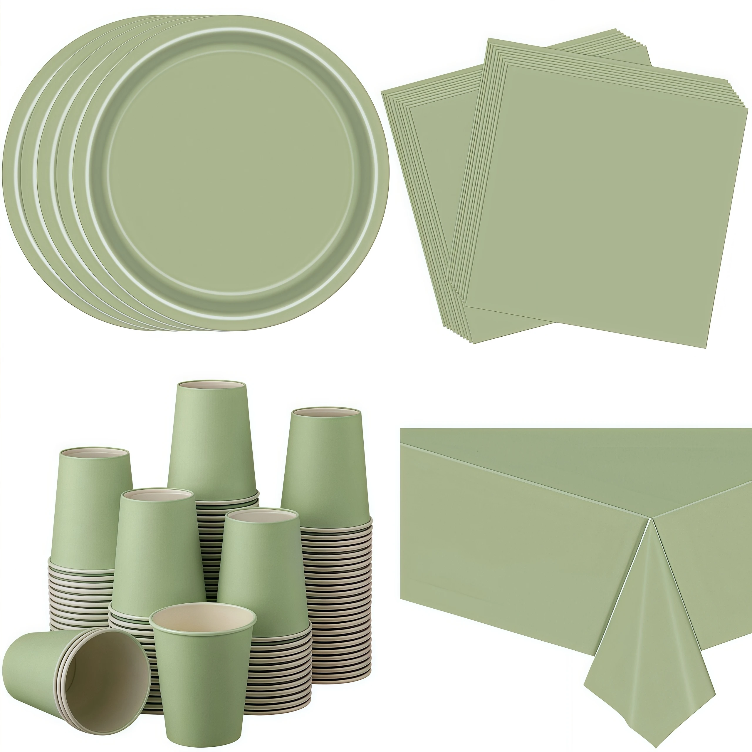 Einfarbig Salbeigrün Partyzubehör Geschirrsets Pappbecher Teller Servietten Tischdecke Kinder Babyparty Geburtstagsdekorationen Image