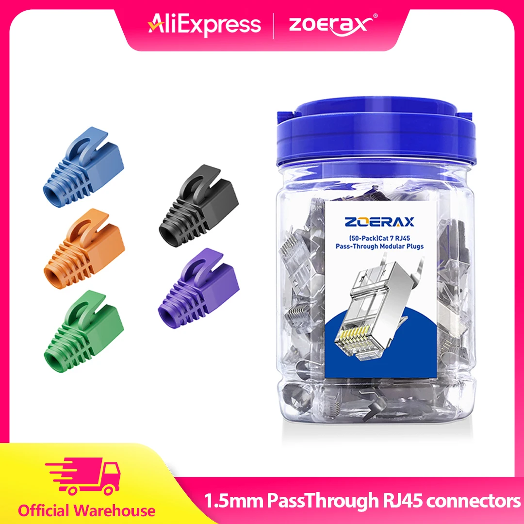 ZOERAX 50-teiliges, abgeschirmtes RJ45 Cat7 Cat6A-Pass-Through-Steckverbinder-Set, 3-polig, 8P8C, vergoldeter 2-teiliger Stecker mit Zugentlastungsmanschetten Image
