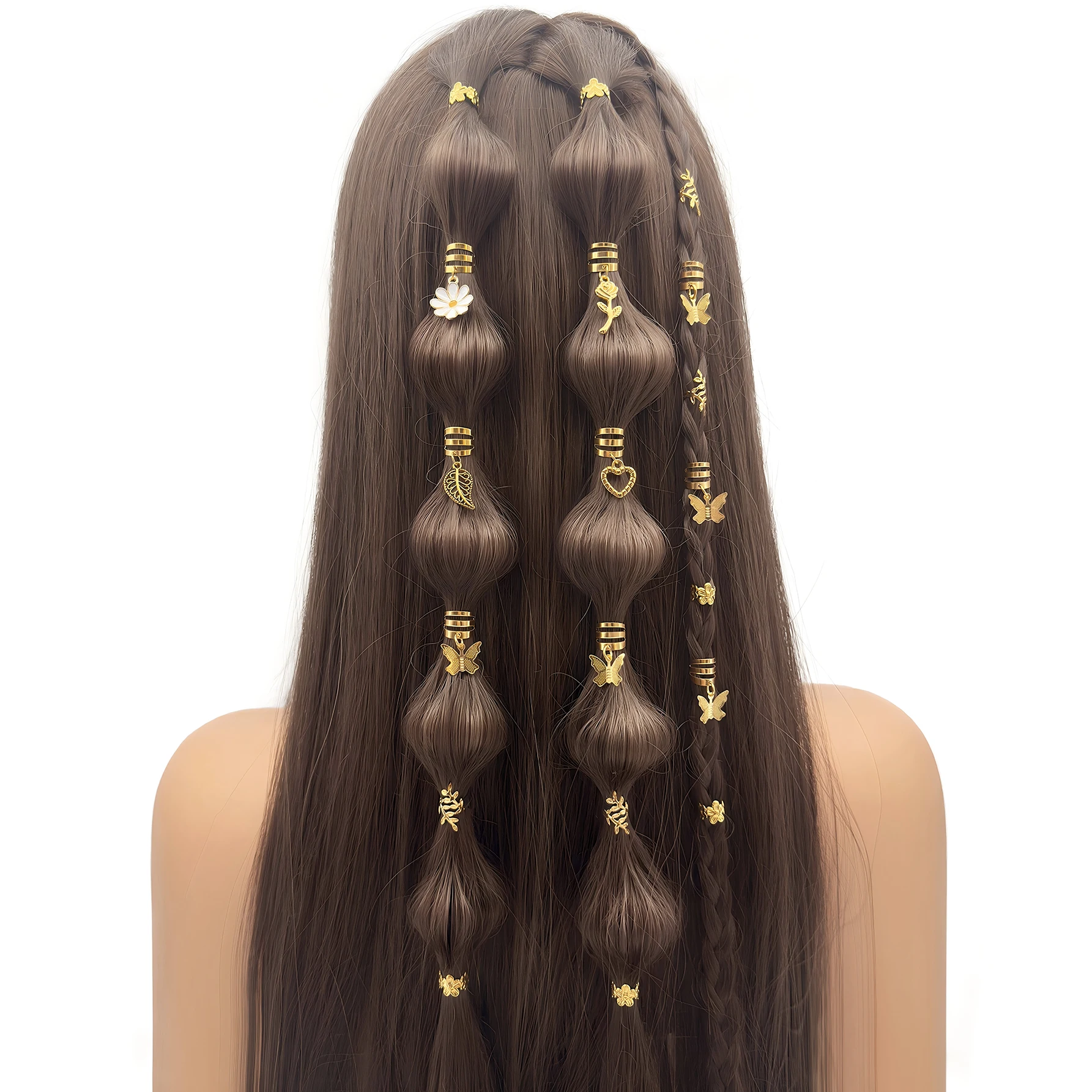 49 Stück Romantische Haarringe mit Schmetterlingen, Gänseblümchen, Rosen & Herzen - Elegante Haarspangen aus Legierung, Blumen-Haarschmuck für Verstellbare Zöpfe