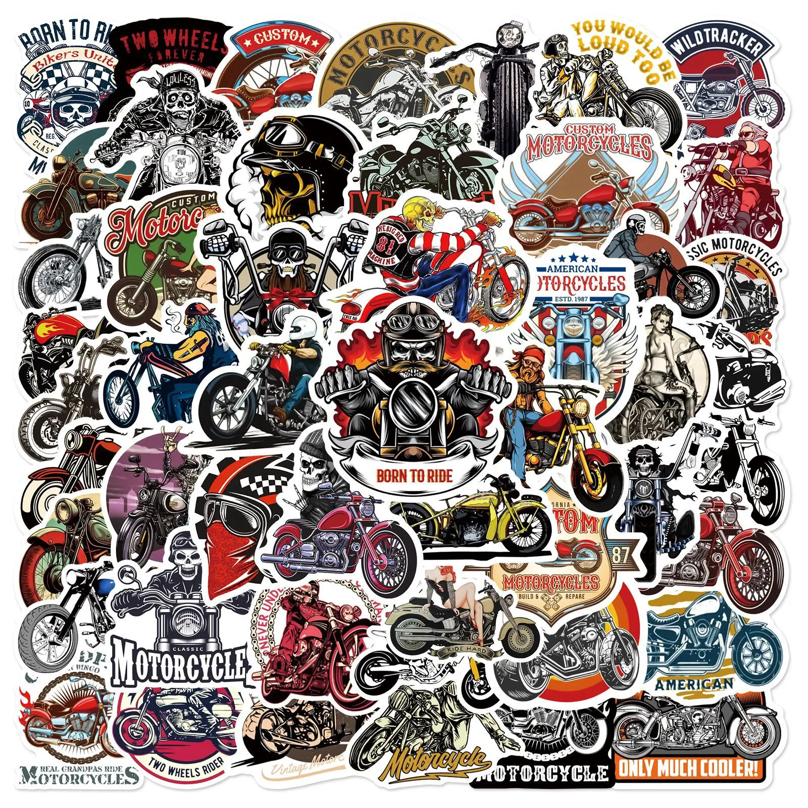50 Stück Coole Motorrad-Doodle-Aufkleber, Dekorative wasserdichte Aufkleber für Helm, Skateboard, Handyhülle, Reisekoffer, Laptop Image