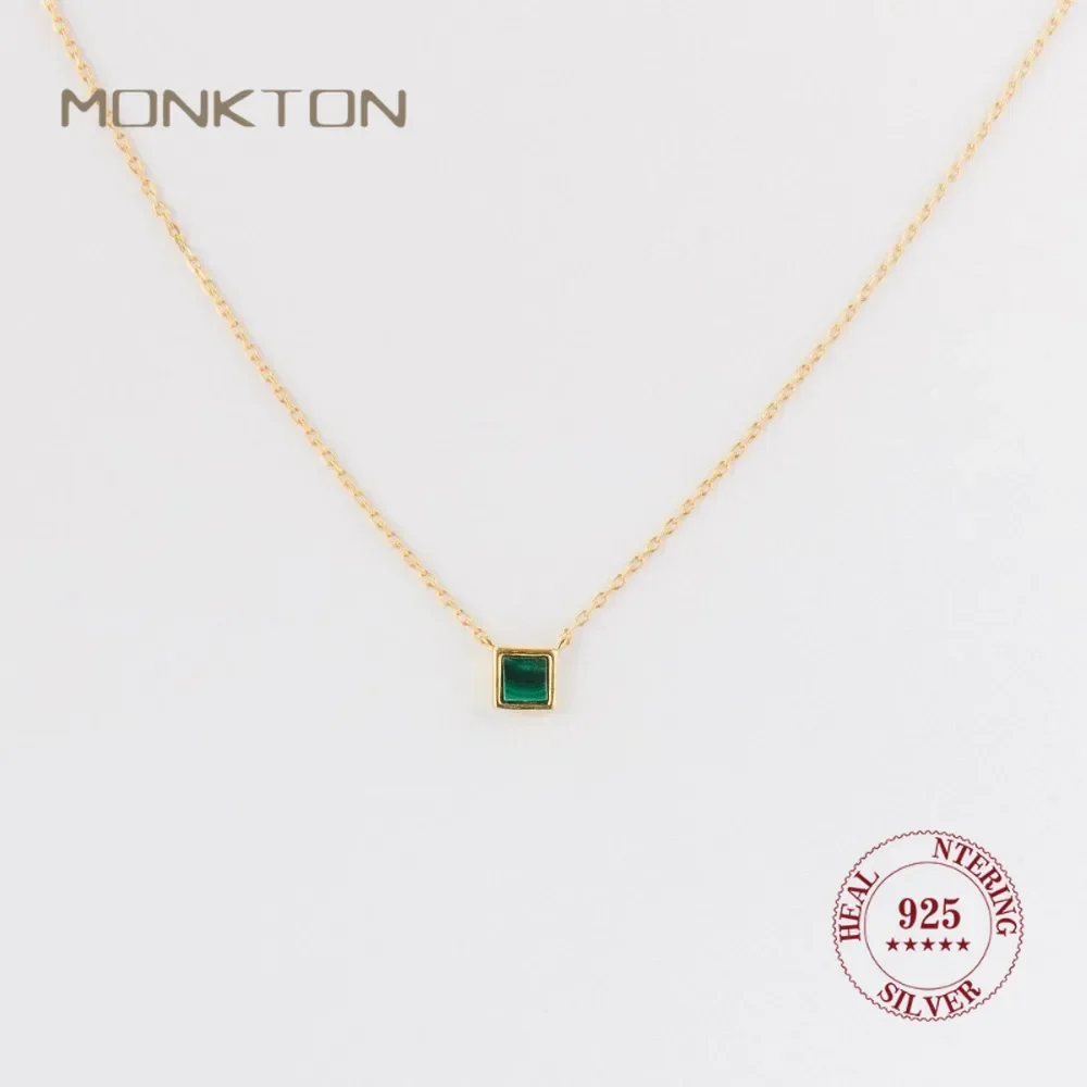 Monkton Neue S925 Sterling Silber Quadratische Pfauengrüne Kristall-Kettenkette für Damen, Luxuriöse Elegante 14k Goldfarbene Halskette Image
