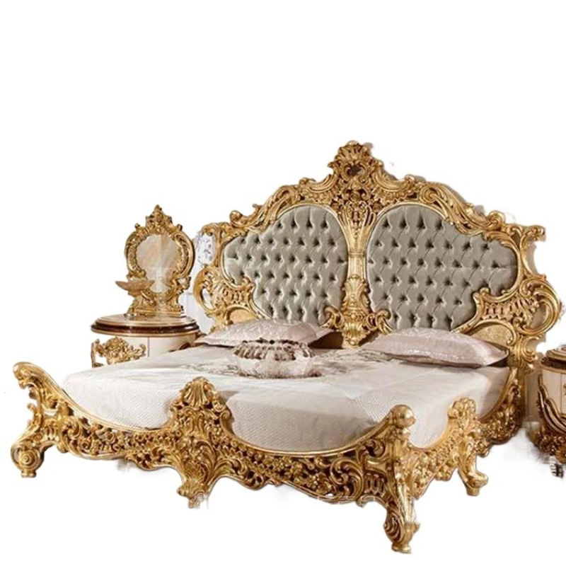 Palast-Bett aus Echtholz mit Blumenmuster, Stoffbezug, Villa-Hauptschlafzimmerbett, großes Bett mit Goldfolie Image