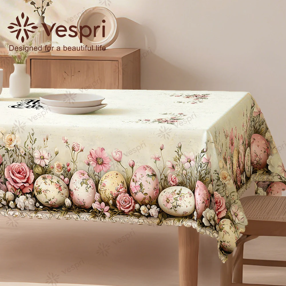 Vespri Oster-Tischdecke Beige Weiß mit Eiern Blumen Schmetterlinge Rund Rechteckig Oval Polyester Dekor Image