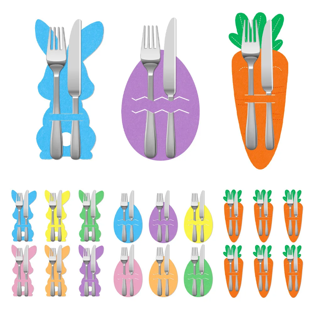 6 Stück Oster-Besteckhalter im Hasen-, Ei- und Karotten-Design, Papier-Utensilienhalter für Oster-Party-Tischdekoration Image