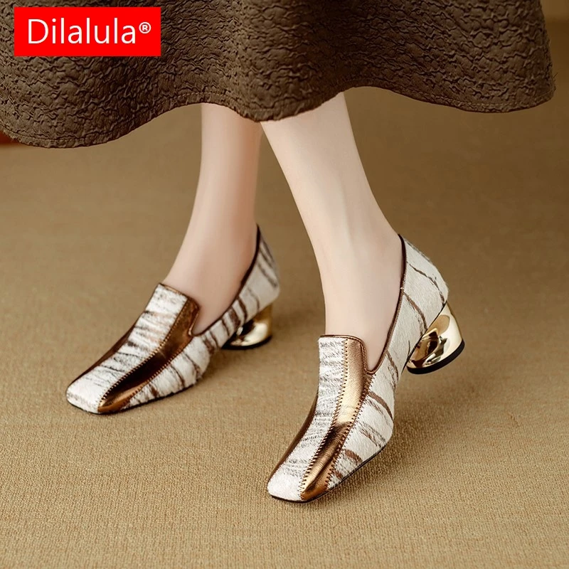 Dilalula Hot Sale Horsehair women's Pumps Mixed Color Med Strange Heels For Female Vintage Natural Leather Pumps Office Ladies