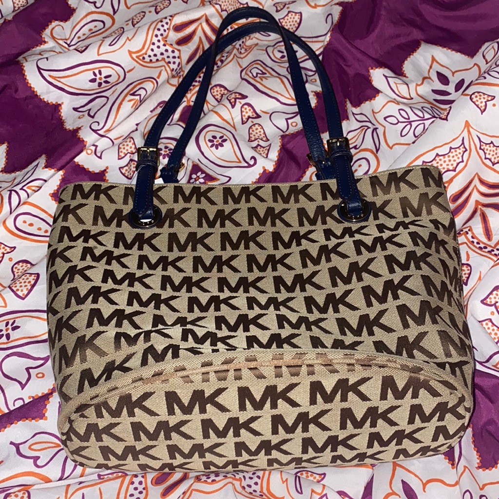 Michael Kors Bags | Authentic Michael Kors Canvas Mk Monogram Tote With Navy Handles | Color: Blue/Tan | Size: Os