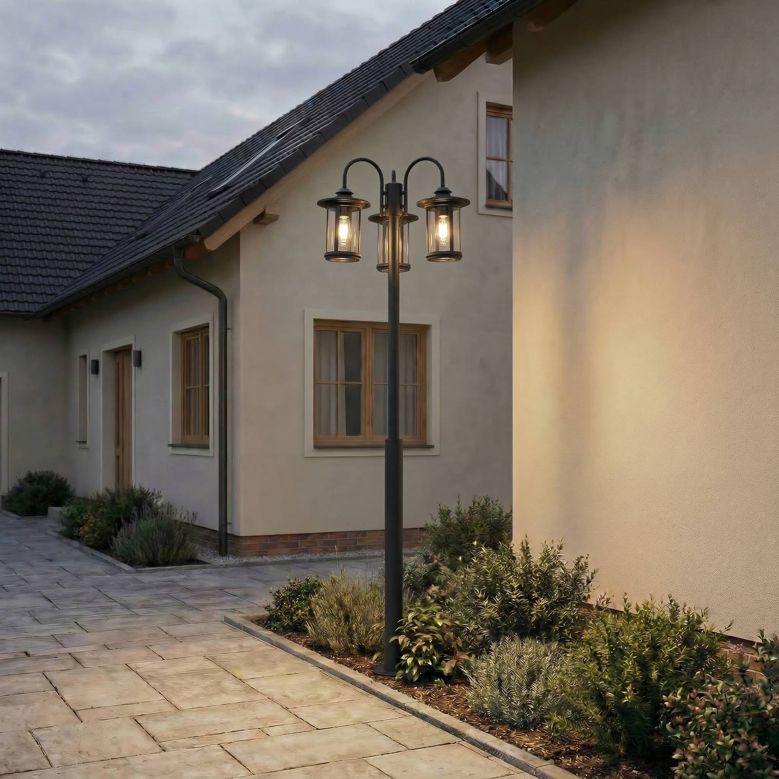 Lindby Zayn outdoor light, black, 3-bulb, height 220 cm, IP65 Lindby, dimmable, Black, Aluminium, Antique, Post Light