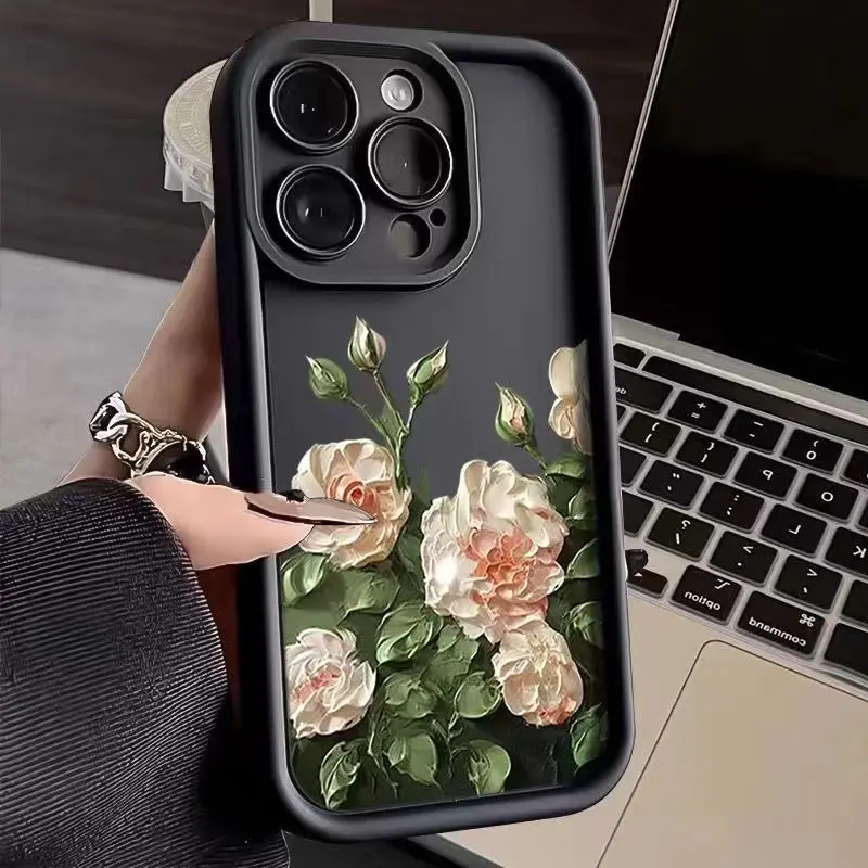 Coque de téléphone en silicone fleur de rose blanche pour iPhone, coque de peinture à l