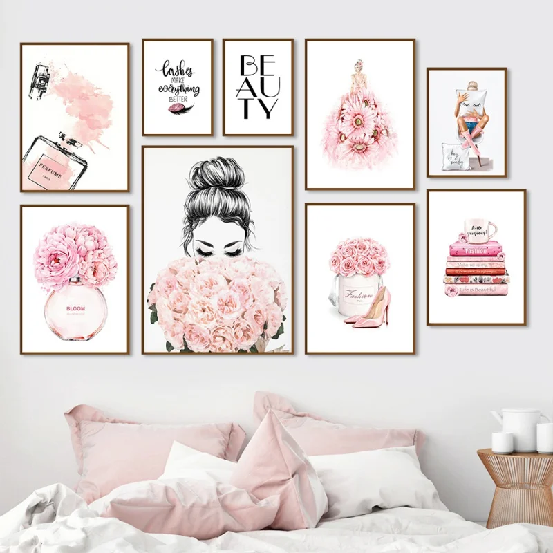 Modische Make-up-Wandkunst in Rosa, Damenparfüm-Leinwandgemälde, Kunstposter und Drucke, Heimdekoration, modernes, süßes Blumengemälde Image