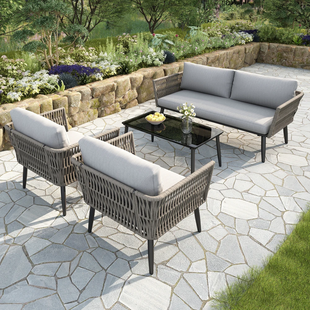 Garten-Lounge-Set, Gartenmöbel-Set mit bequemen Kissen, 2-Sitzer-Sofa, 2 Sessel und Couchtisch, geflochtenes PE-Seil Image
