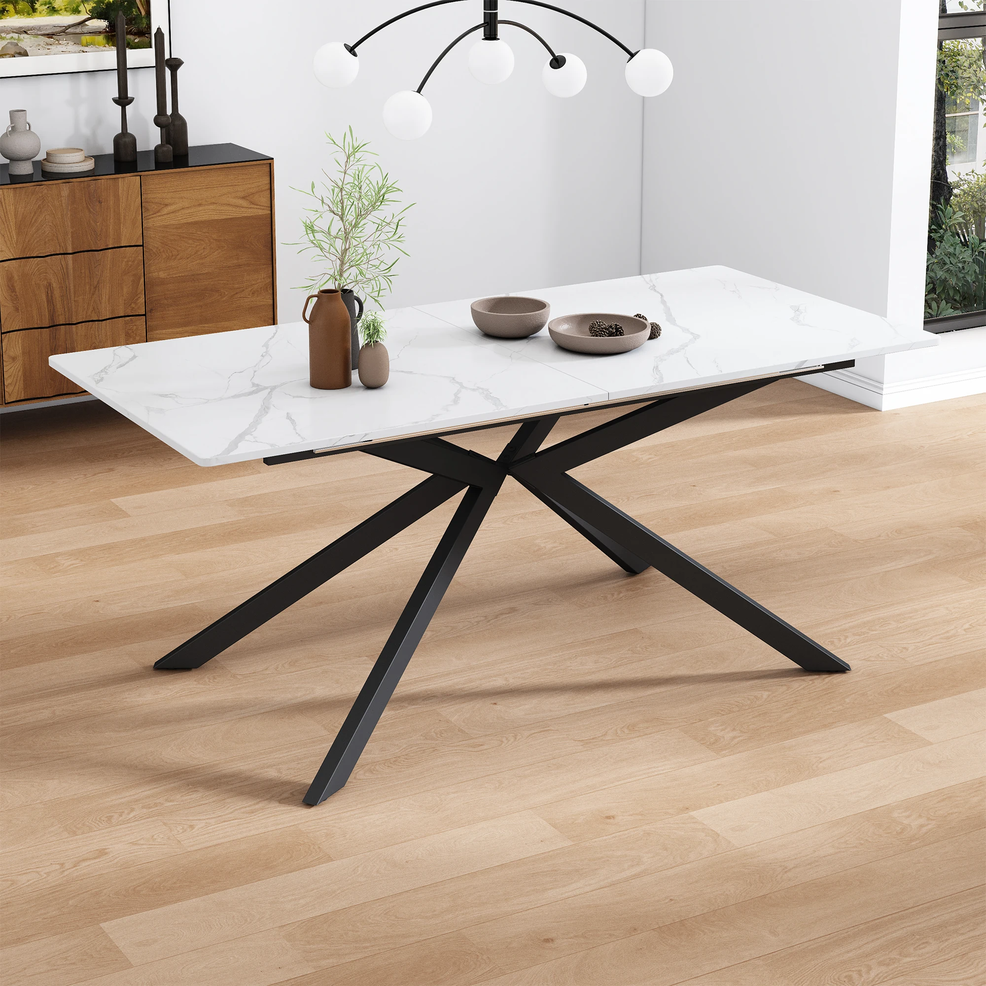 Erweiterbarer Esstisch 150-180x70cm, automatisch ausziehbar, Kreuzbein-Design, Marmoroptik schwarz/weiß, MDF Platte