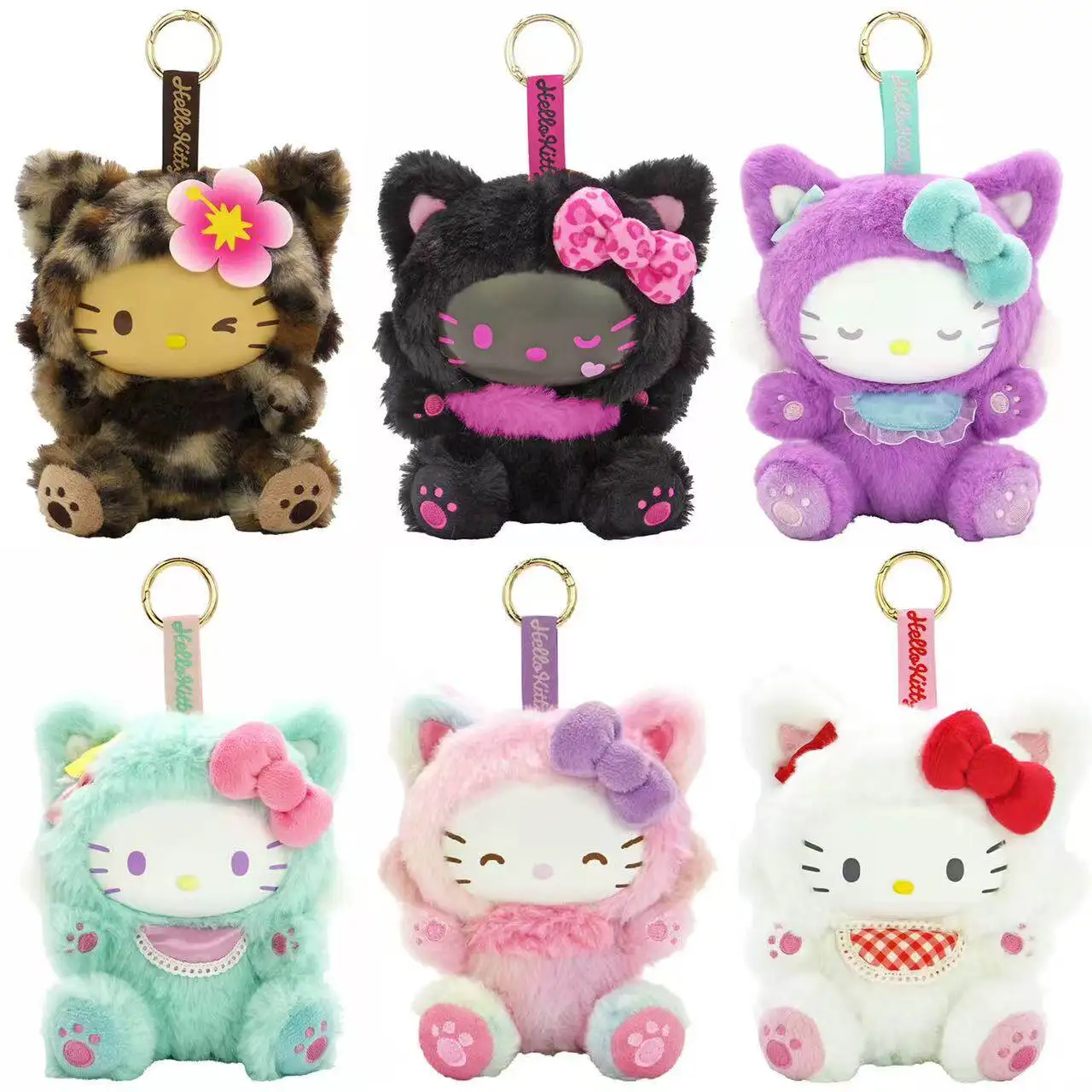 Neue Cartoon Sanrio Kawaii Hello Kitty Leopardenmuster-Kostüm-Hoodie-Serie Kitty Plüschpuppe Taschenanhänger Schlüsselanhänger Mädchen Geburtstagsgeschenk