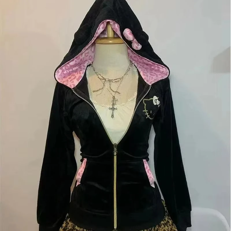 Hello Kitty Kapuzenjacke mit Reißverschluss, Samt, Y2K, Damen-Pullover, Kapuzenpullover, Retro-Jacke, schmale Passform, Oberteile, amerikanischer Trend, Streetwear