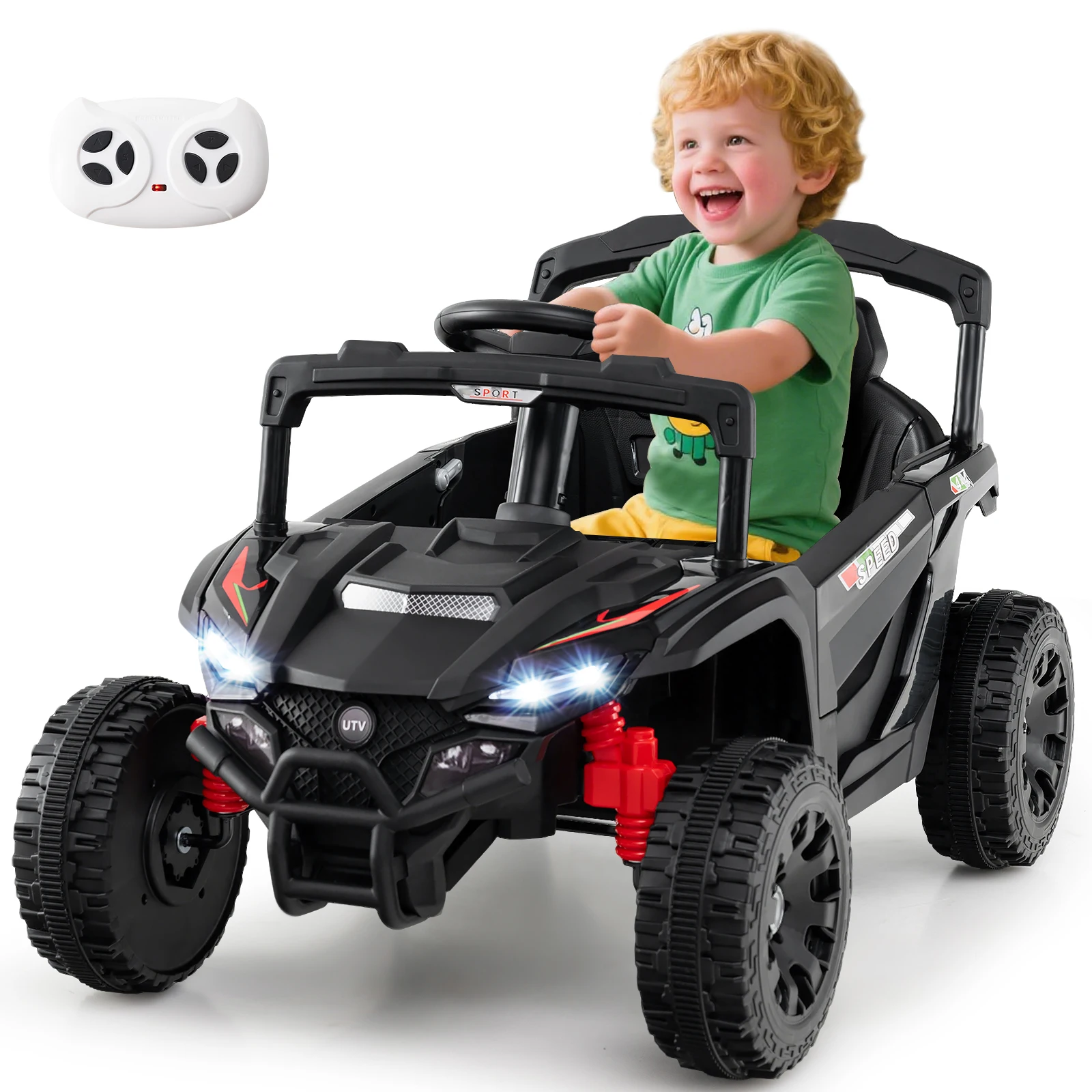 Voiture électrique pour enfants, camion UTV électrique avec télécommande, 3 vitesses, lumières LED, musique, klaxon et suspension, voiture pour enfants
