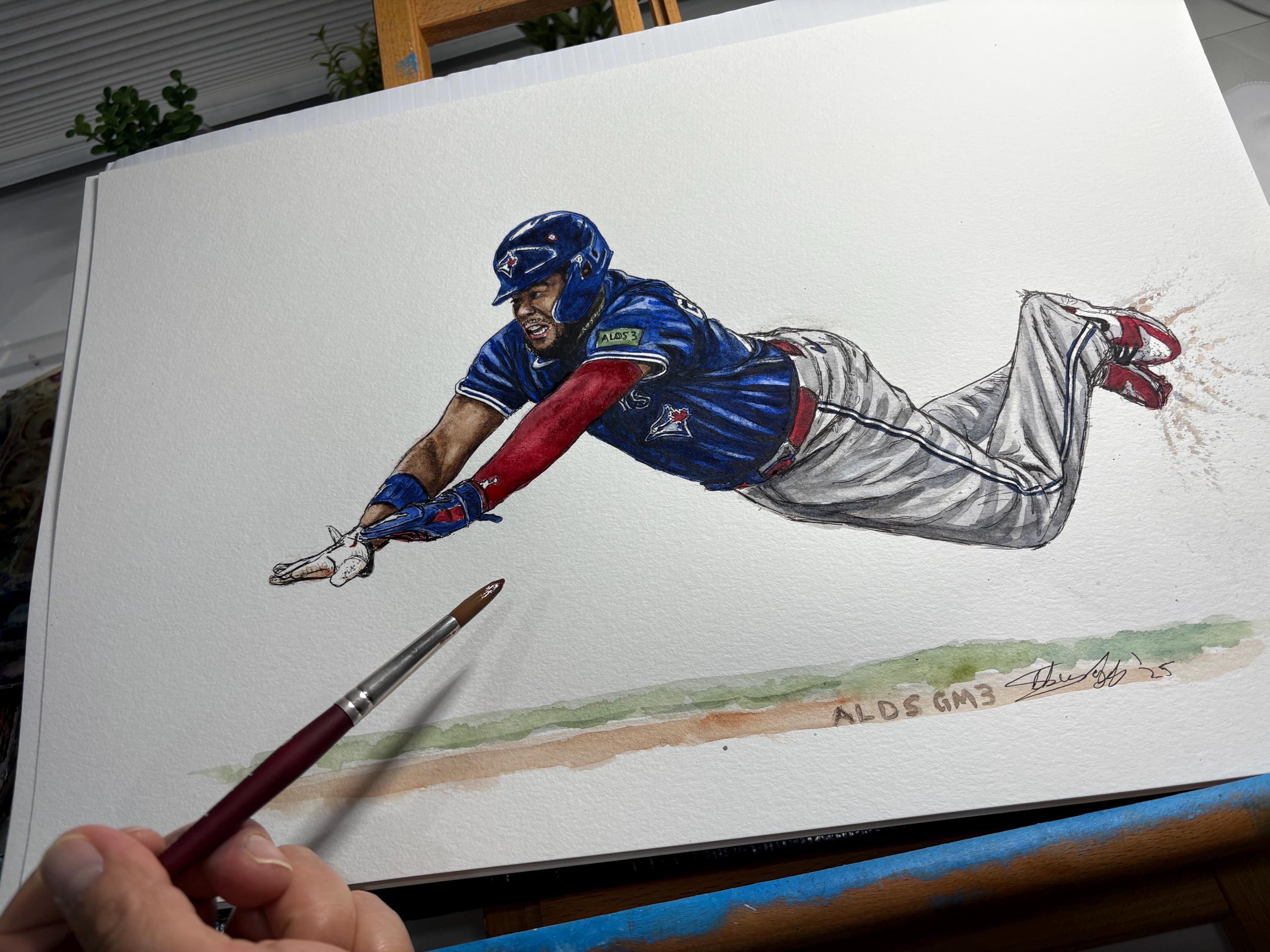 Vladdy Jr. Superman Dive di MikeNguyenArt // Vladimir Guerrero Jr. // Toronto Blue Jays // Baseball // MLB // Pittura ad acquerello