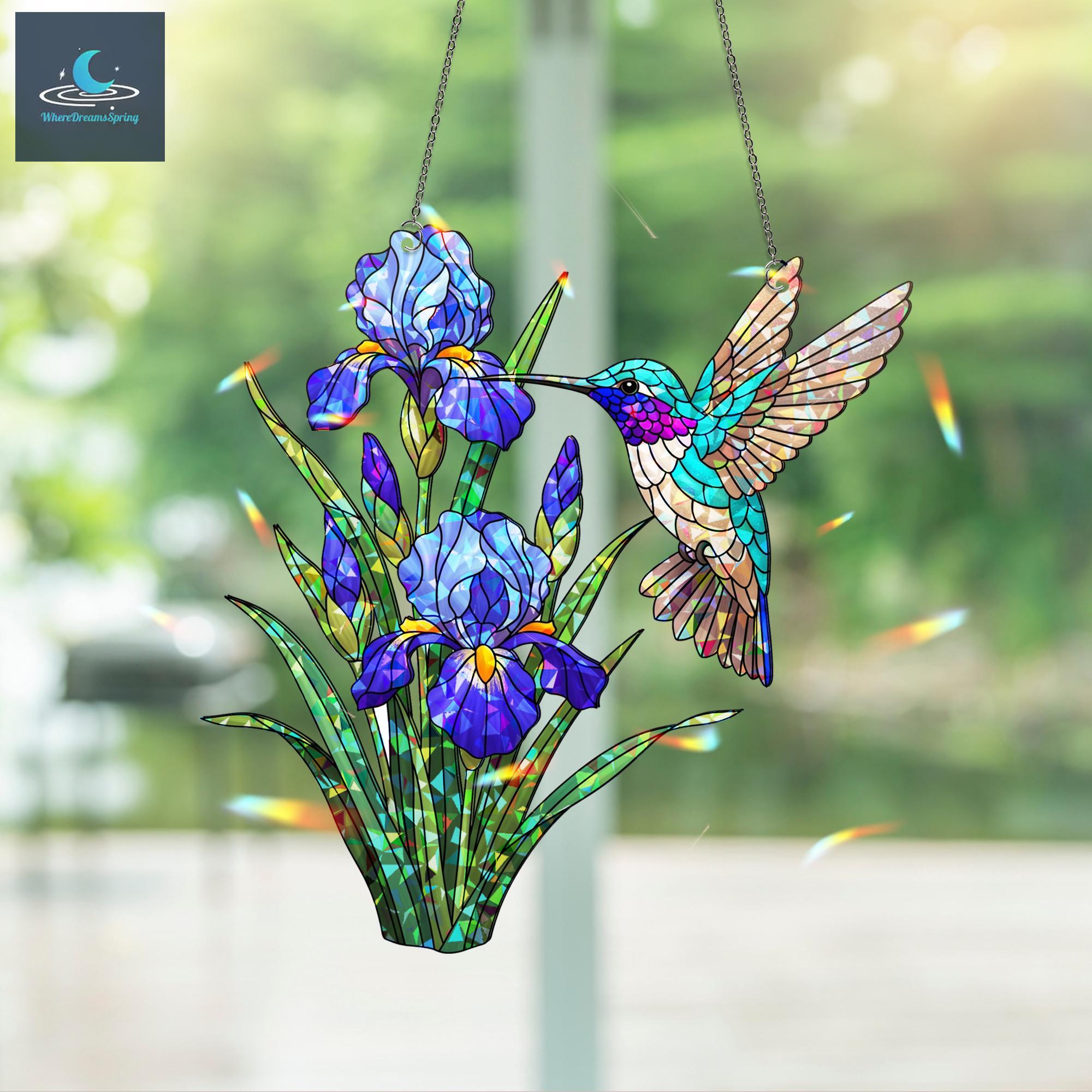 Acchiappasole olografico a forma di colibrì, decorazione per finestra con fiore di iris in acrilico.