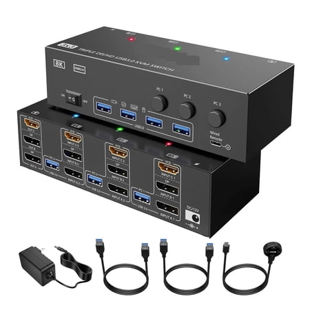 KVM Switch 3 Computers 3 Monitors + DisplayPort USB 3.0 KVM Switcher 8K@30Hz/4k@144Hz Triple Monitor DP KVM For 3 PC