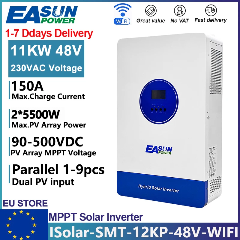 EASUN Inverter Solare Ibrido 12KVA 11KW 48V 230V Onda Pura con Doppio Regolatore MPPT 150A, Inverter Off-Grid Parallelo con WIFI