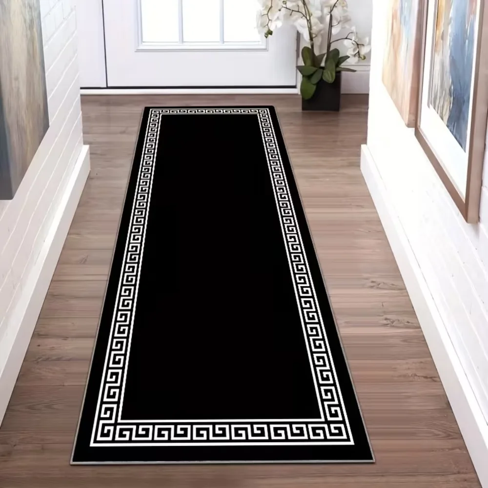 Black European Style Striped Hallway Mat,Golden Circulating Pattern Corridor Mat, Living Room Bedroom Kitchen Entrance Door Mat