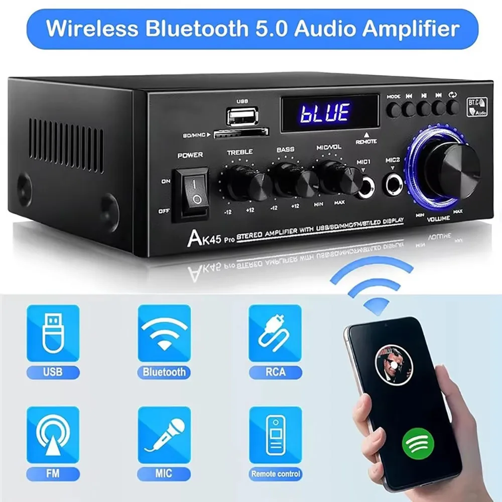 Amplificatore Digitale AK45 800W Bluetooth 5.0, Amplificatore Audio a 2 Canali HIFi con Ingresso USB, FM, SD e Microfono per Casa, Auto e Karaoke