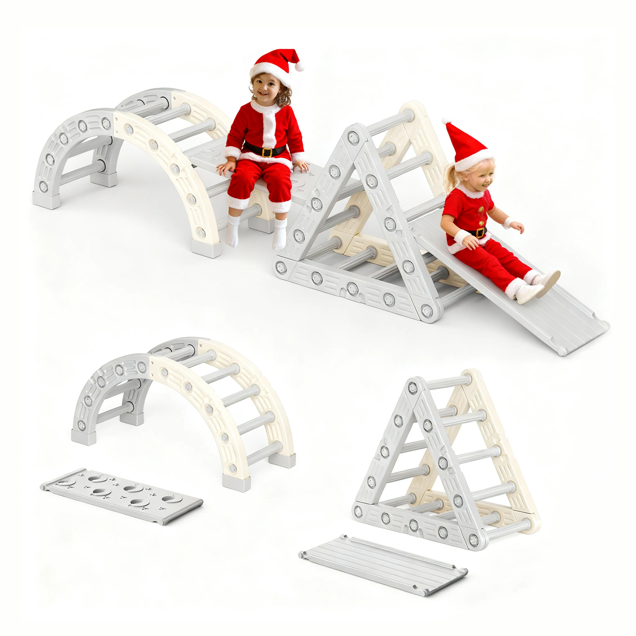 Struttura da arrampicata 4 in 1 per bambini, giocattoli da arrampicata per neonati, set triangolo Pikler con rampa e arco, gioco Montessori da interno, palestra giungla.