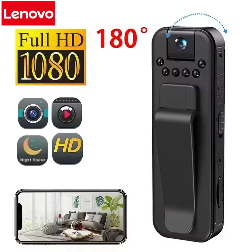 Mini Telecamera HD 1080P Lenovo, Registratore Video Digitale Portatile, Videocamera di Sorveglianza con Visione Notturna, Bodycam per Polizia con Infrarossi