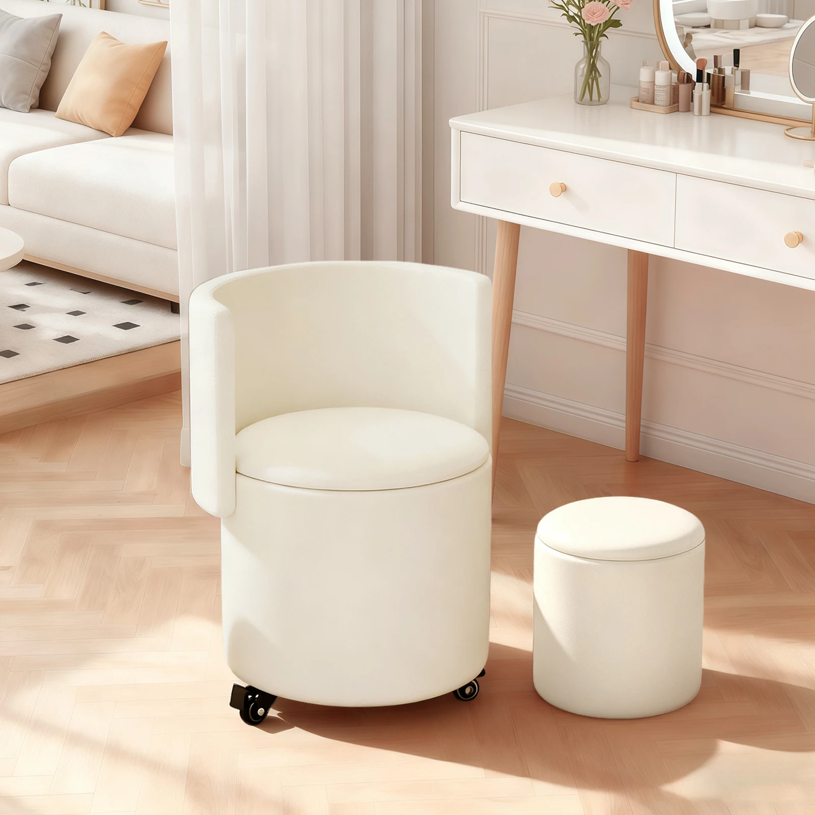 Swivel Round Vanity Chair with Storage, Folding Back Makeup Stool, Small Upholstered Ottoman for Bedroom LivingRoom Office Chair