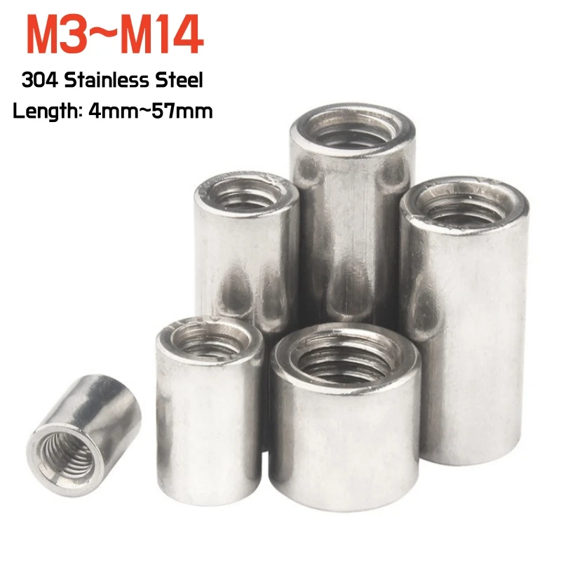 Runde Kupplungsmuttern aus Edelstahl 304, A2, M3M4M5M6M8M10M12M14, Verlängerung, verdickt, zylindrische Verbindungshülse, Rohrmuttern Image