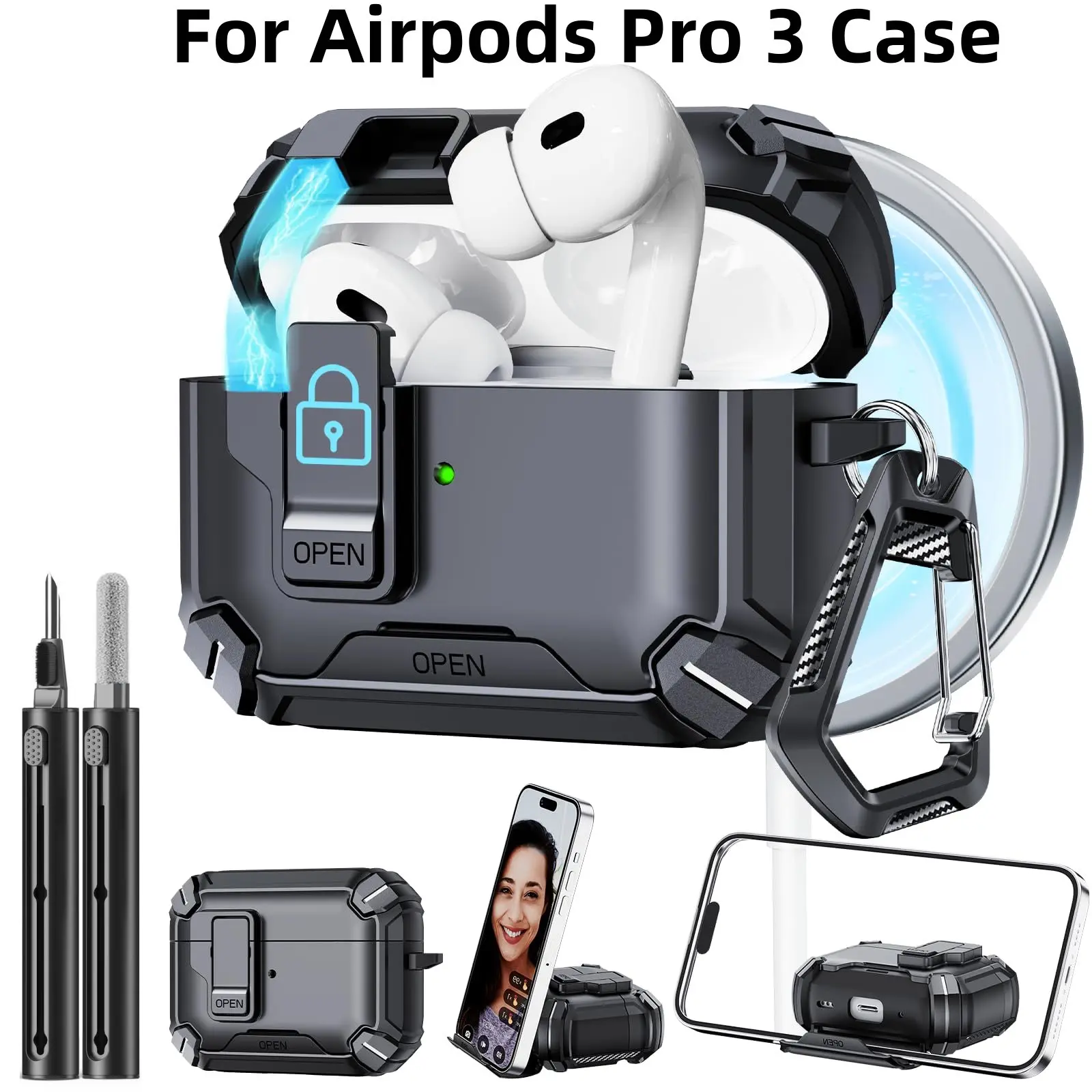 für Airpods Pro 3 (2025) Hülle mit sicherer Verriegelung, automatisches Pop-up-Vollschutzhülle mit Reinigungsset für AirPods Pro 3 Image
