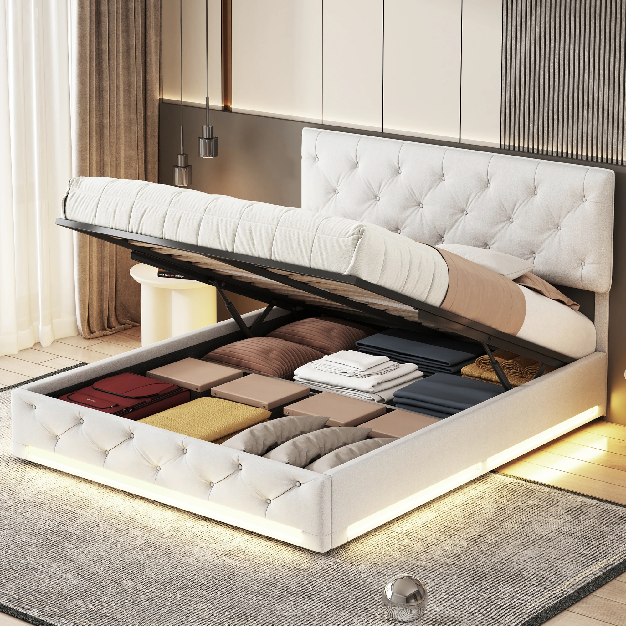 Gepolstertes Doppelbett, gepolstertes Stoffbett, Stauraumbett, mit LED-Beleuchtung und verstellbarem Kopfteil, Matratze nicht im Lieferumfang enthalten Image