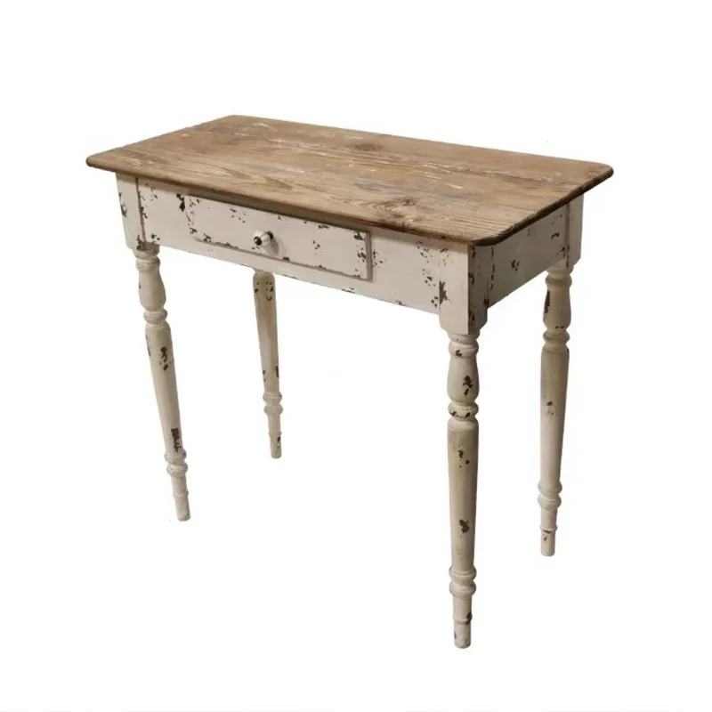 Rustikaler Konsolentisch, Weiß im Used-Look mit Naturholzplatte, 88 l x 41,5 B x 80 H cm