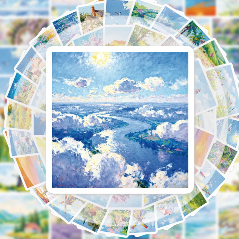 56 Aufkleber mit Landschaftsmotiven im Ölgemälde-Stil, geeignet für Wasserflaschen, Laptops, Handydekorationen, Koffer, Skateboards, Gitarren, Geschenkboxen, Partydekorationen, Weihnachtsgeschenke Image