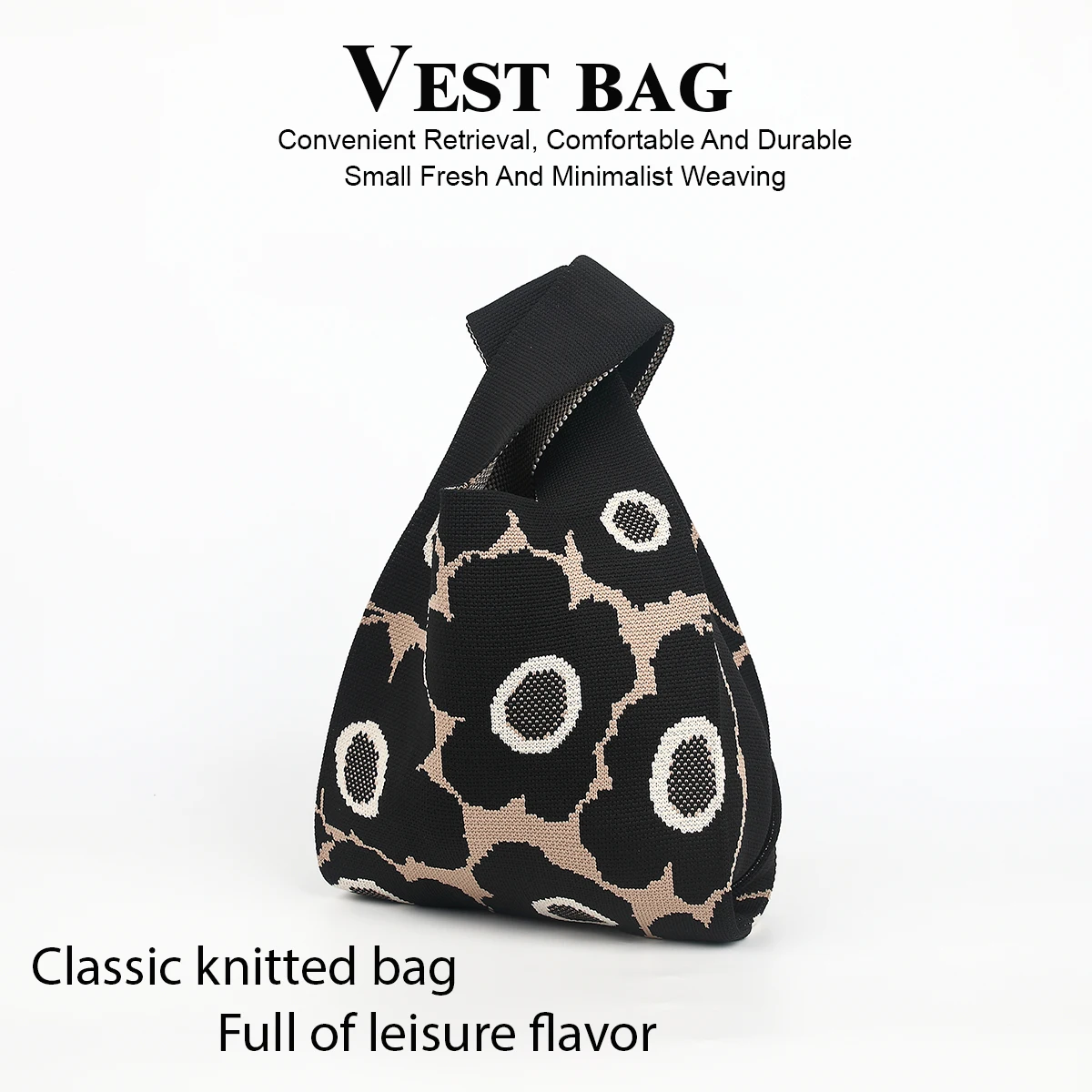 Vintage-Mode-High-End-Strick-Tragetasche mit geblümten Eierblumen, lässige, atmungsaktive, langlebige, faltbare Strickhandtasche, zum Tragen von Mobiltelefonen, Schlüsseln, Brillen, Wasserflaschen, Image