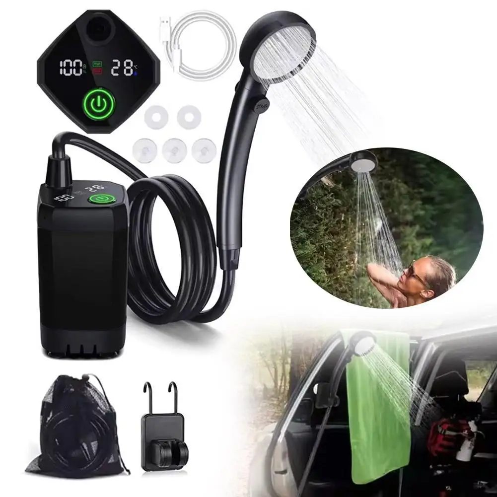 Tragbare Outdoor-Dusche, Camping, 6000 mAh, wiederaufladbares LED-Display, einfaches elektrisches mobiles Duschset für den Außenbereich