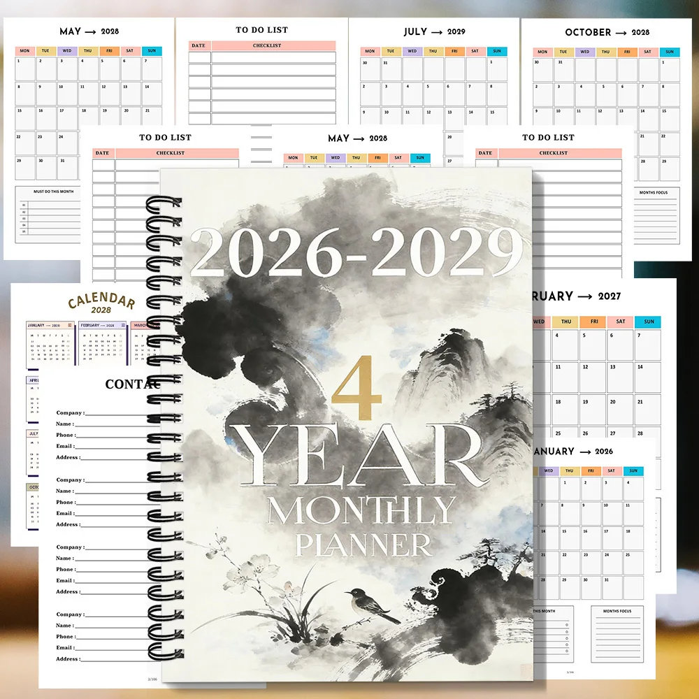 1 Stück Tuschegrafik-Stil 2026-2029 Spiralnotizbuch, Monatsplaner, Langzeit-Terminplaner, Routineorganisation Image