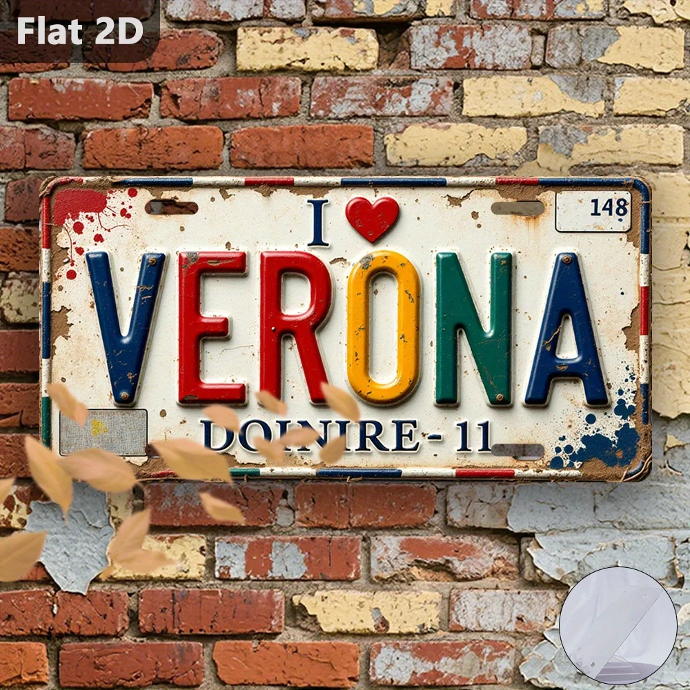 Flache 2D Vintage 'I Love Verona Italy' Herz-Dekoration im Nummernschild-Stil, Aluminium-Metallgemälde Wanddekoration für Europäisches Reise-Thema Image