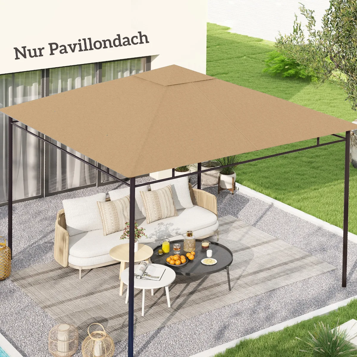 2,98 x 2,95 m wetterfeste Pavillon-Überdachung, beige, UV-geschützter Sonnenschutz aus Polyester Image