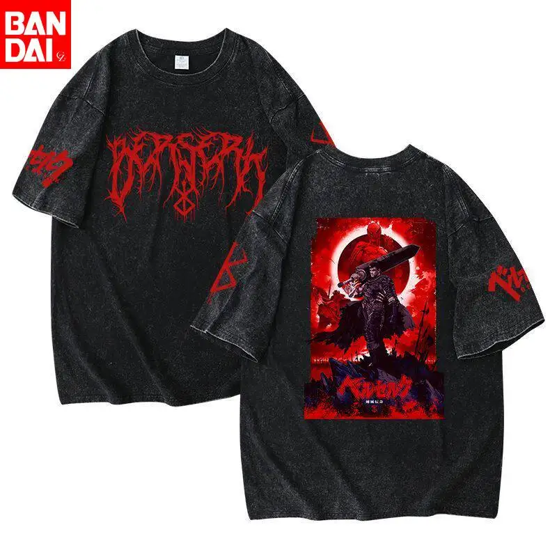 Berserk Guts Red Eclipse Black Metal Logo Vintage Washed T-Shirt 2026 Sommer Oversized Streetwear Anime Grafik-T-Shirt für Herren und Damen