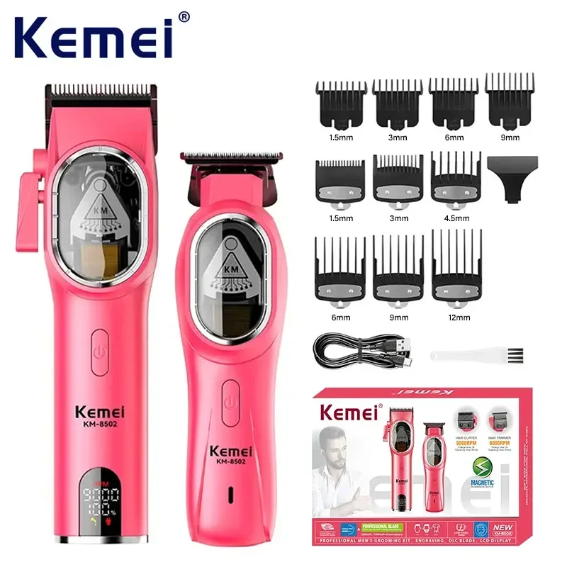 Kemei KM-8502 9000 U/min Professionelles elektrisches Haarschneidemaschinen-Set, wiederaufladbarer Trimmer, DLC, kabellose Haarschneidemaschine, Rosa, Km-2121 Image