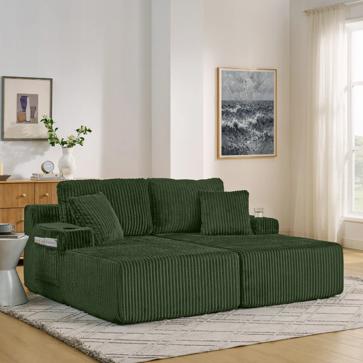 2-Sitzer Konvertierbares Sofa, Cord, Seitentasche, Getränkehalter, Kissen, Grün Image