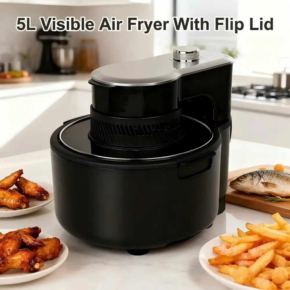 5L Sichtbare Heißluftfritteuse mit Klappdeckel, Multifunktions-Ölfreie Heißluftfritteuse für die Küche, zum Braten von Fisch, Ente, Pommes Frites, schnelles Backen