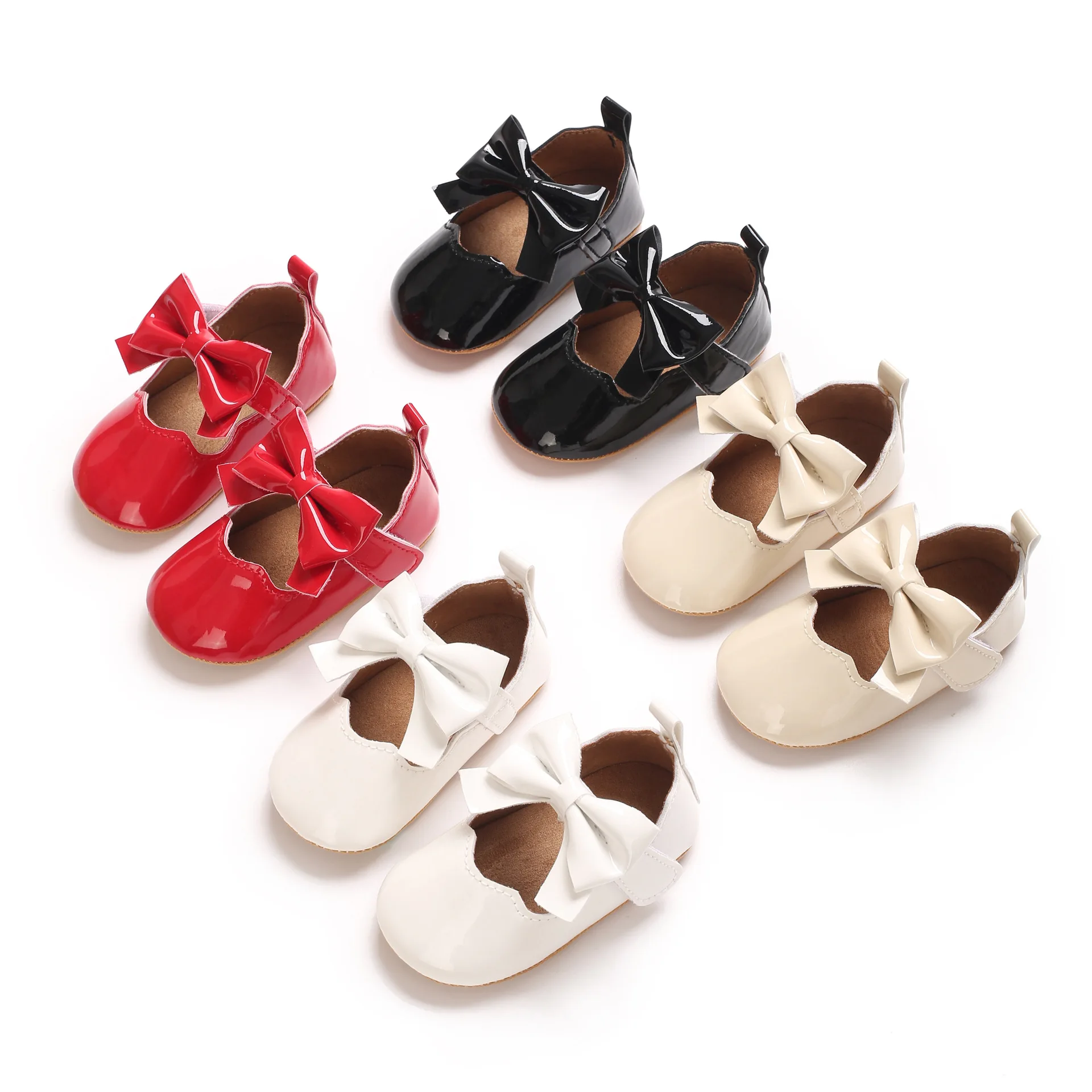 2026 0-1J Baby Schuhe Große Glänzende Schleife mit Wellenkante Mädchen Prinzessinnen-Schuhe Klettverschluss Rutschfeste Weiche Sohle Baby Lauflernschuhe