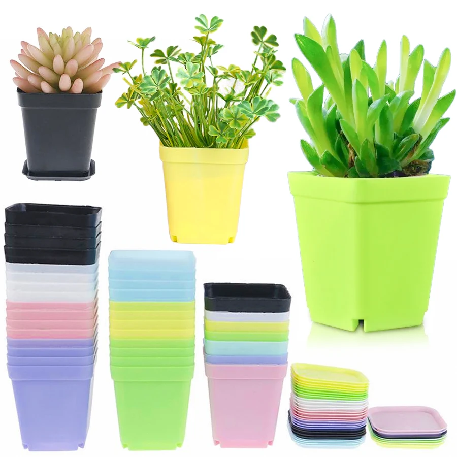 10/20 Stück quadratischer Blumentopf mit Untersetzer, geeignet für Büro, Innen- und Außendekoration, Blumenbeete, Gärten, Gärtnereien, Kunststoff-Blumentopf XJM