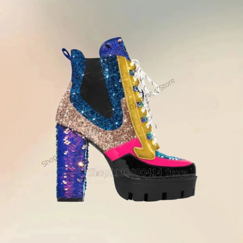 Bunte Pailletten Patchwork Runde Kappe Plattform Stiefel Kreuz Gebunden Frauen Schuhe Chunky High Heels Mode 2025, Zapatos Para Mujere