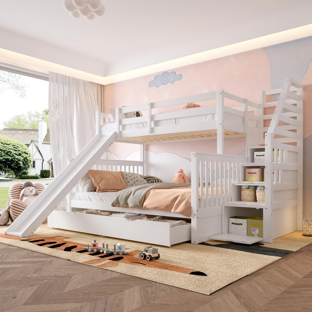 90 X 200 Über 140 X 200 Etagenbett mit Schubladen, Stauraum und Rutsche, Multifunktional