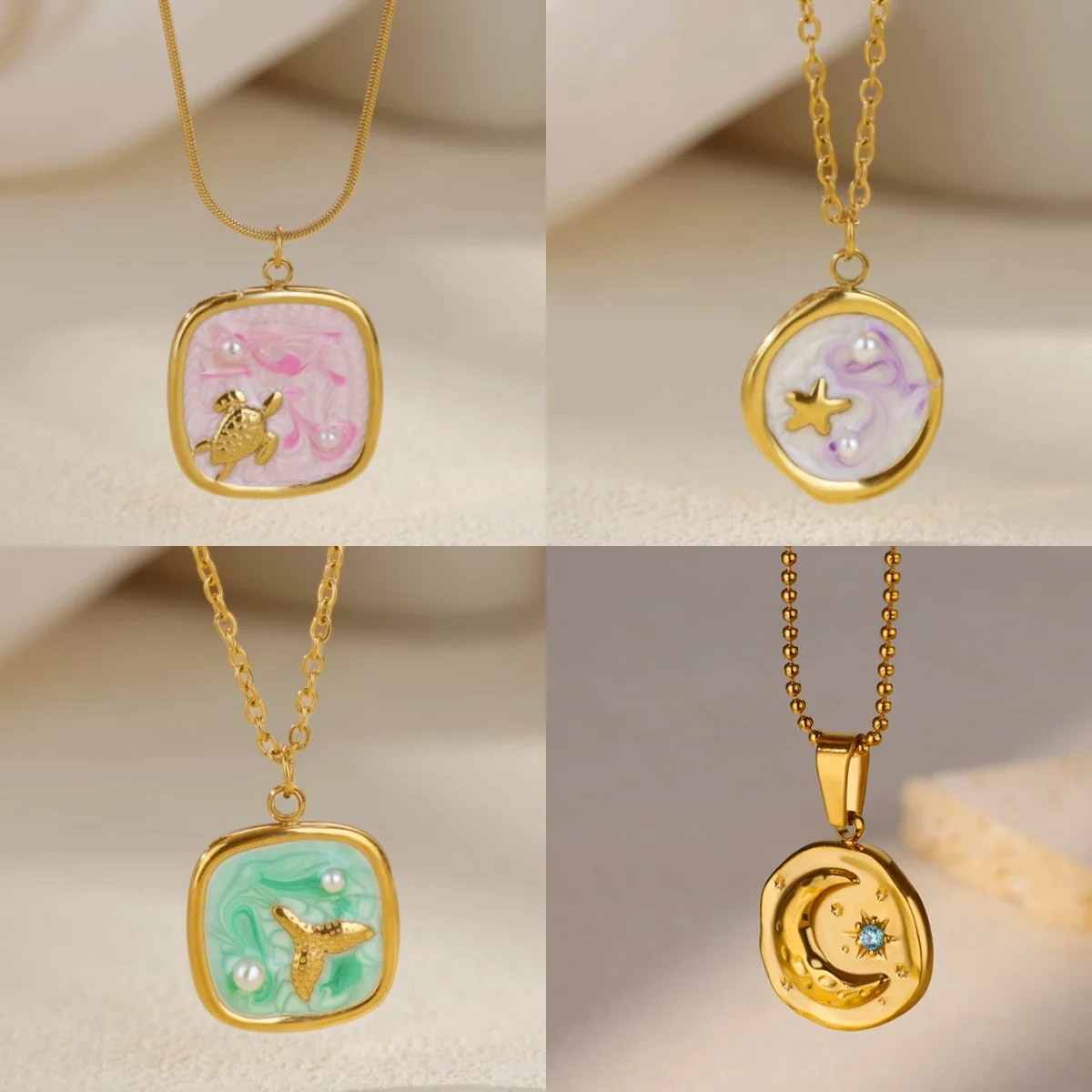 Süße Sommer-Ozean-Fischschwanz-Imitationsperlen-Damen-Anhänger-Halsketten aus Edelstahl mit Seestern-Strandschmuck als Geschenk Image